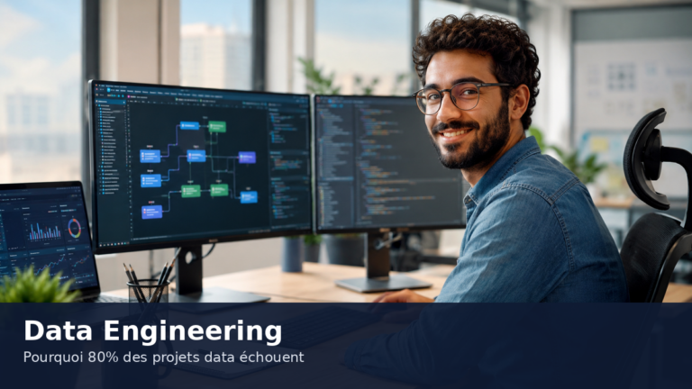 Data engineering en entreprise : ingénieur data souriant travaillant sur des pipelines de données